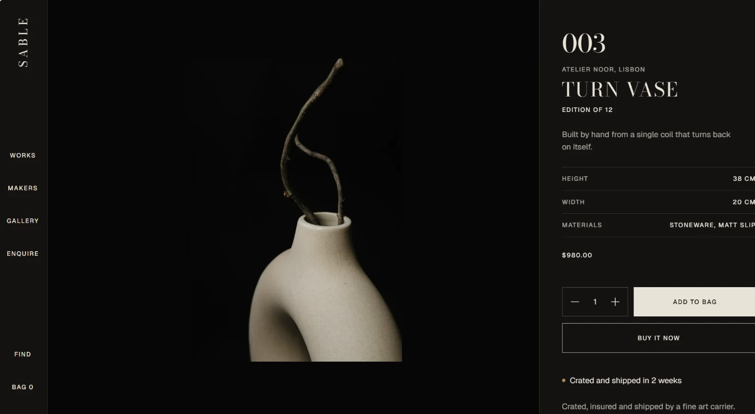 A Sable product page in the Monograph style, with an enquiry form instead of a price